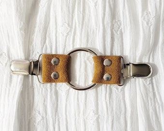 Cognac suede silver tone medium oring cinch clip. Shirt clip, dress clip, sweater clip, skirt clip, jacket clip, cloak clip. DIY tailoring