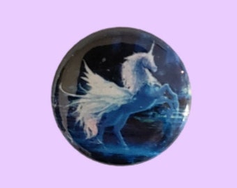 Unicorn with wings. Fantasy unicorn. 1 inch diameter pin, button, badge.
