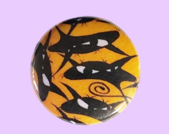 Black cats on orange background. One inch 1” diameter pin / button / badge / flair. Halloween cats. Handmade
