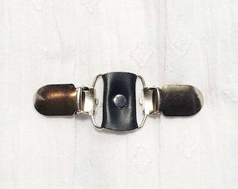 Black leather cinch clip, dress clip, jacket clip, shirt clip, sweater clip, skirt clip, with silver tone clips. Instant DIY tailoring.