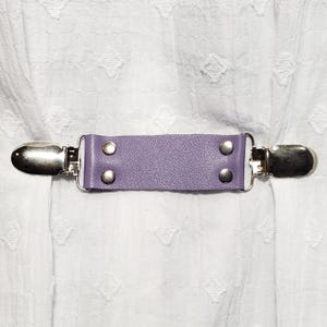 Lavender leather cinch clip w/ silver tone clips. Dress clip, jacket clip, shirt clip, sweater clip, skirt clip, cloak clip. DIY tailor