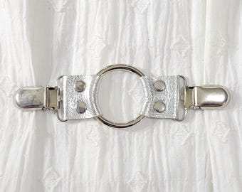 Silver metallic leather cinch clip with silver tone clips & o-ring. Shirt clip, dress clip, sweater clip, skirt clip, jacket clip.