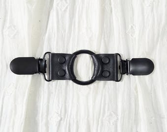Black leather cinch clip w/ small black oring & clips. Shirt clip, dress clip, sweater clip, skirt clip, jacket cli, cloak clip. DIY tailor.