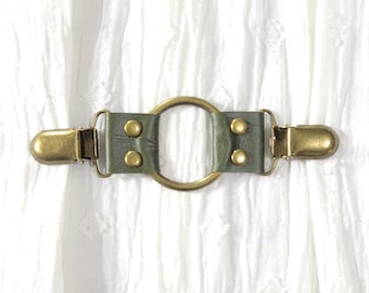 Lime green leather w/ bronze tone oring cinch clip. Shirt clip, dress clip, sweater clip, skirt clip, jacket clip, cloak clip. DIY tailring