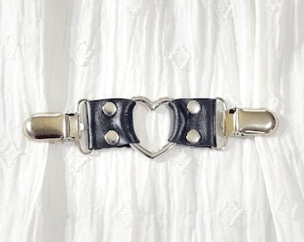 Silver tone heart ring cinch clip w/ black leather. Shirt clip, dress clip, sweater clip, skirt clip, jacket clip, cloak clip. DIY tailoring
