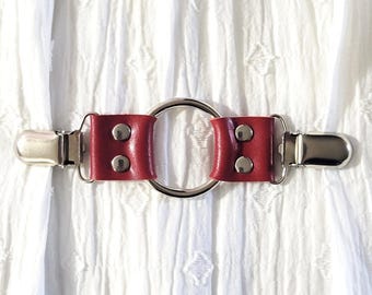 Red leather cinch clip w/ medium silver tone o-ring. Shirt clip, dress clip, sweater clip, skirt clip, jacket clip, cloak clip. DIY tailor.