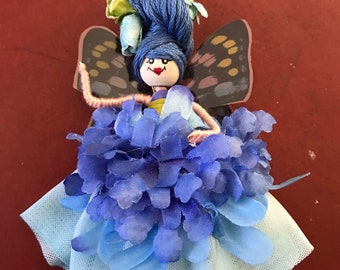 Cornsilk blue flower fairy doll Poseable Bendy doll broach, ornament pocket art doll