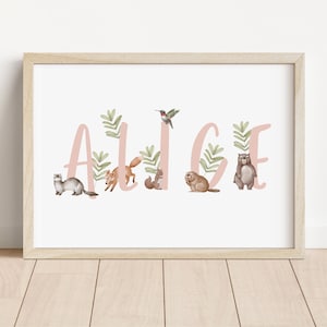 Impresión personalizada con nombre de animal / Impresión con nombre de animales del bosque / Impresión personalizada / Arte de pared para dormitorio infantil / Impresión con nombre / Regalo para bebé recién nacido