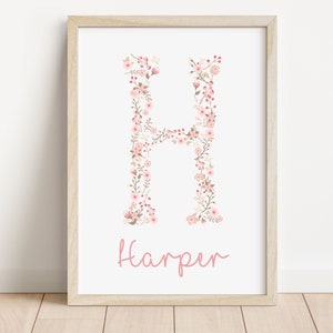 Floral initial personalised name print | New baby girl gift | Flower name print | Personalised prints for girls | Nursery Print |Pink floral