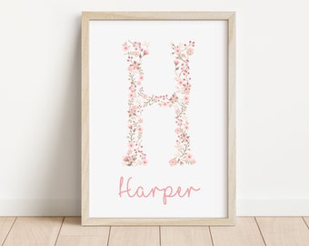 Floral initial personalised name print | New baby girl gift | Flower name print | Personalised prints for girls | Nursery Print |Pink floral