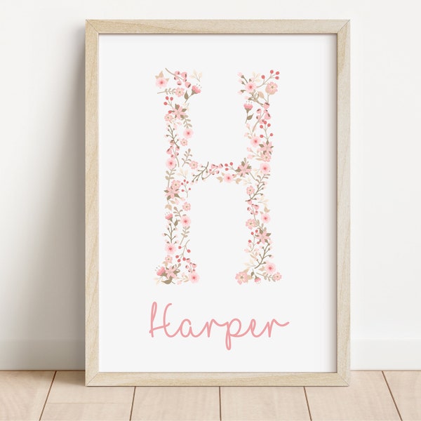 Floral initial personalised name print | New baby girl gift | Flower name print | Personalised prints for girls | Nursery Print |Pink floral