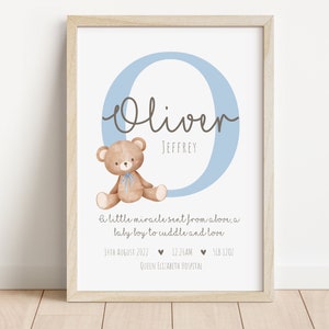 Teddy Bear Birth Announcement Print | Personalised Baby Birth Detail Print | New baby gift | Christening gift | Personalised nursery artwork