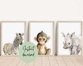 Lot de 3 empreintes d'animaux safari | Téléchargement numérique | Impressions Safari animal pour chambre de bébé | Imprimés safari dans la jungle | Imprimé girafe lion éléphant|Pépinière