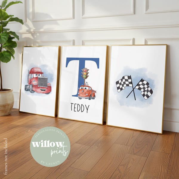 Set of 3 Cars Splash Personalised Name Print | Lightening McQueen Prints | Cars Disney Pixar|Cars bedroom print |Personalised children print