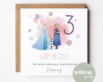 May include: A square birthday card with a brown border features illustrations of characters from a popular animated film. The card reads "Happy Birthday to our special daughter Nancy" with a large number "3". Pink and purple accents and snowflakes decorate the card.