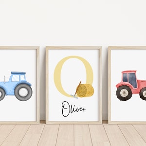 Juego de 3 impresiones personalizadas con nombre de tractor / Impresiones para habitación infantil de granja / Habitación infantil personalizada de granja / Tractores / Dormitorio infantil / Habitación infantil con tractor