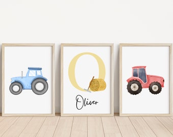 Lot de 3 noms personnalisés de tracteur | Affiches de chambre de ferme | Cour de ferme personnalisée | Tracteurs | Chambre d'enfants | Pépinière de tracteurs