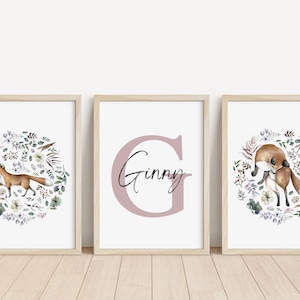 Set of 3 Woodland Animal Personalised Prints | Nature bedroom prints | Woodland nursery decor | Whimsical prints | New baby gift | Prints