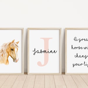 Set of 3 Horse Personalised Name Print Children's room Horse Bedroom Print Horse Decor Children Name Print Equine print Stables image 1