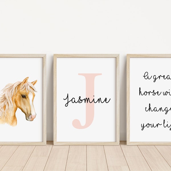 Lot de 3 prénoms personnalisés cheval | Chambre d'enfants | impression de chambre de cheval | Décoration cheval | Nom d'enfant imprimé | Impression équine | Écuries