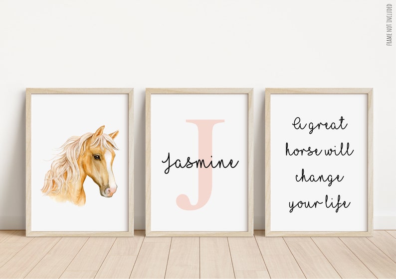 Set of 3 Horse Personalised Name Print Children's room Horse Bedroom Print Horse Decor Children Name Print Equine print Stables image 1