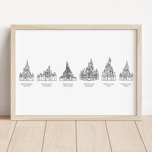 May include: A black and white line drawing print of the six Disney castles from around the world. The castles are arranged in a row from left to right, with the text "Disney World Orlando", "Disneyland California", "Disneyland Hong Kong", "Disneyland Shanghai", "Disneyland Paris", and "Disneyland Tokyo" underneath each castle.