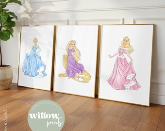 Set of 3 Disney inspired Princess Personalised Name Prints | Disney Princess Artwork | Disney bedroom | Personalised Prints|Children bedroom
