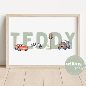 Stampa personalizzata con nome Cars / Stampe di Saetta McQueen / Grafica Cars Disney Pixar / Stampa per camera da letto Cars / Stampa personalizzata con nome per bambini