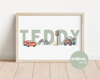 Spersonalizowany nadruk z imieniem Auta | Nadruki Zygzak McQueen | Grafika Disney Pixar Auta | Nadruk do sypialni Auta | Spersonalizowany nadruk z imieniem dla dziecka