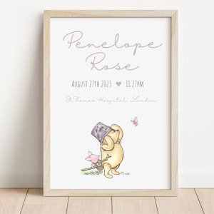 Impresión con detalles del nacimiento de Winnie the Pooh / Impresión personalizada de Winnie the Pooh / Letrero para guardería / Regalo para bebé recién nacido / Letrero con detalles del nacimiento / Nombre personalizado