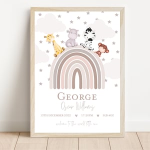 Safari Animal Birth Detail Print | Safari animal prints | Safari nursery decor | Safari Animal Personalised | Birth details | Christening
