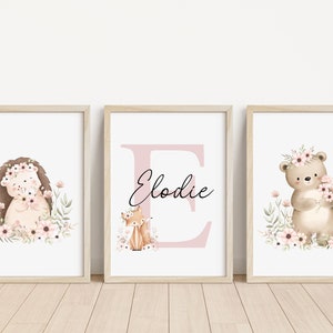 Juego de 3 láminas personalizadas de animales del bosque / Láminas de flores silvestres / Láminas para guarderías del bosque / Animales del bosque / Lámina con nombre para guarderías del bosque