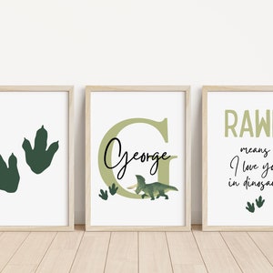 Set of 3 Dinosaur Personalised Prints | Dinosaur Bedroom Prints | Dinosaur Playroom Artwork | TREX Prints | Dinosaur Name Print artwork