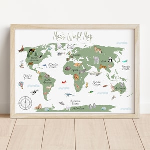 Weltkarte personalisierte Name Druck | Karte der Tiere der Welt | Poster fürs Kinderzimmer | Safari Dekor | Tiere der Welt | Spielzimmer Druck
