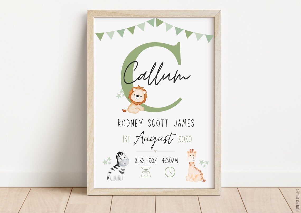 Safari Birth Detail Nursery Print | New Baby Print | New Baby Gift ...