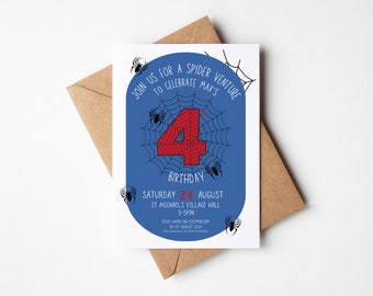 Invitations fête d&#39;anniversaire araignée | Invitations de fête d&#39;anniversaire de super-héros pour enfants | faire-part personnalisés | Invitations à une fête de classe | Homme araignée