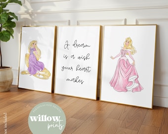 Set of 3 Disney inspired Princess Personalised Name Prints | Disney Princess Artwork | Disney bedroom | Personalised Prints|Children bedroom