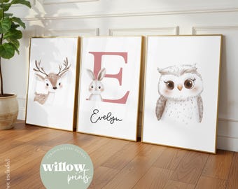 Set of 3 Woodland Animal Name Print | Personalised Prints | Forest Animal Nursery | Animal Nursery Prints | Nursery Name Prints | Baby room