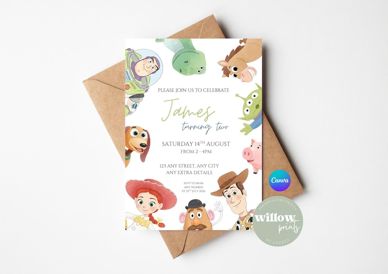 May include: A birthday invitation featuring Toy Story characters. The invitation includes the text "James turning two" and event details. The design is surrounded by illustrations of Buzz Lightyear, Woody, and other characters, with a brown envelope.