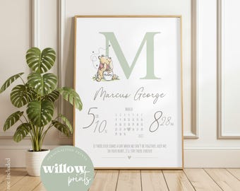 Geboorteprint Winnie de Poeh | Winnie de Poeh gepersonaliseerde print | Kwekerijbord | Nieuw babycadeau | Bord met geboortedetails | Aangepaste naam: