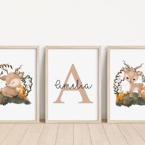 Set of 3 Woodland Animal Personalised Prints | Nature bedroom prints | Woodland nursery decor | Whimsical prints | New baby gift | Prints