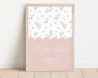 Nom de chambre de bébé à bordure festonnée fleurie | Imprimé floral pour chambre de bébé | Nom floral imprimé | Bordure de pétoncles pour pépinière | Affiches pour chambre de bébé | Nouveau cadeau de bébé