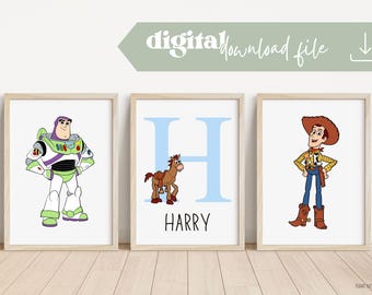 Set di 3 stampe personalizzate con nome Toy Story / Stanza Toy Story / Toy Story personalizzato / Camera dei bambini / Woody / Stampe digitali personalizzate