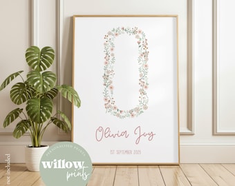 Floral initial personalised name print | New baby girl gift | Flower name print | Personalised prints for girls | Nursery Print |Pink floral