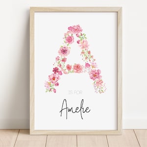 Floral initial personalised name print | New baby girl gift | Flower name print | Personalised prints for girls | Nursery Print |Pink floral