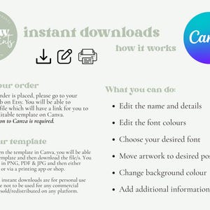 May include: A digital download graphic with the text "instant downloads" and instructions on how to edit templates in Canva. The image includes the "willow prints" logo and a Canva logo. Instructions include editing names, details, and font colors.