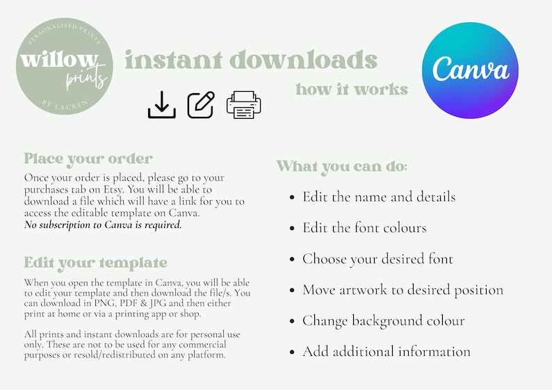 May include: A digital download graphic with the text "instant downloads" and instructions on how to edit templates in Canva. The image includes the "willow prints" logo and a Canva logo. Instructions include editing names, details, and font colors.