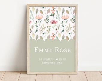 Nom de chambre de bébé à bordure festonnée fleurie | Imprimé floral pour chambre de bébé | Nom floral imprimé | Bordure de pétoncles pour pépinière | Affiches pour chambre de bébé | Nouveau cadeau de bébé