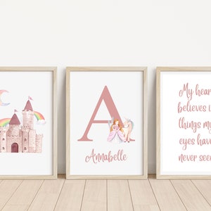 Juego de 3 impresiones personalizadas con nombre de unicornio / Impresiones artísticas de princesas unicornio para dormitorio / Frases de unicornio para dormitorio de niñas / Impresiones de unicornio para dormitorio