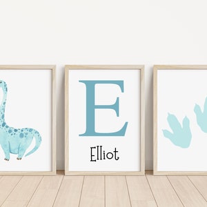 Juego de 3 impresiones de nombre personalizadas de dinosaurios / Arte de pared de dinosaurios / Impresión de nombre personalizada / Decoración de habitación infantil / Arte con temática de dinosaurios / Dinosaurios